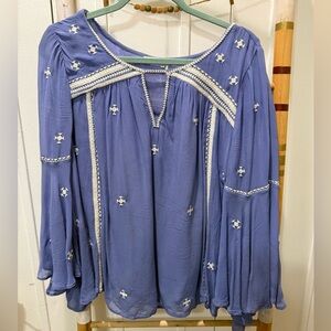 Anthropologie embroidered Blue Boho Top